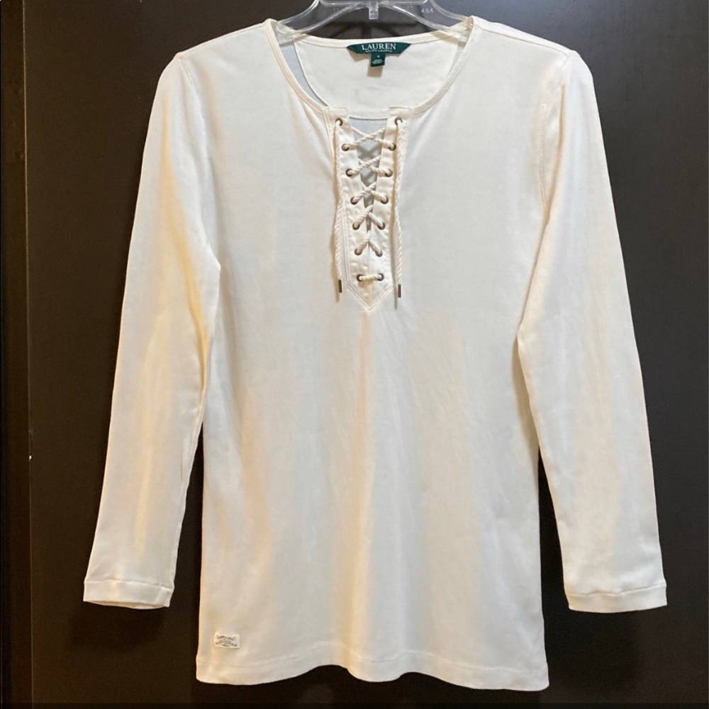 Lauren Ralph Lauren - Cream Lace Up Stretch Long Sleeve Top